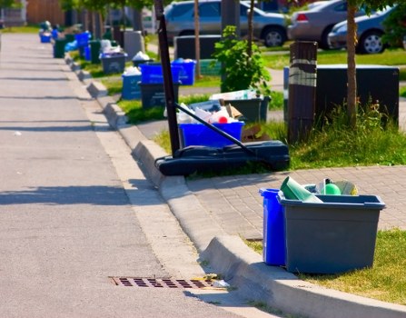 A street scene showing a collection of rubbish bins and containers lined up along the pavement outside residential properties. The containers include blue wheeled bins, a large grey plastic storage box, and a smaller green bin, all holding various rubbish items. Some bins are placed on the sidewalk, while others are located on the grass verge adjacent to the curb. An extendable litter picker and a sweeping brush are visible resting against the bins. The background features parked cars, green trees, and well-maintained lawns, indicating a suburban area, possibly near Byfleet. The scene is illuminated by natural daylight, highlighting the textures of the plastic bins and the surrounding environment. The arrangement suggests routine waste collection, and the presence of the bins and equipment aligns with professional rubbish removal services by Commercial Waste Byfleet, serving local residential areas within the KT or TW postcode districts.
