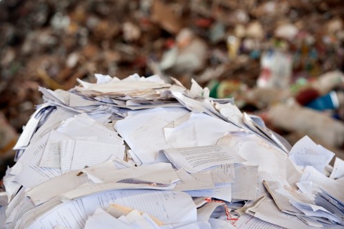A large pile of assorted paper waste, including sheets of printed documents, notebooks, and torn paper, stacked outdoors on a ground surface with a background of soil and scattered organic debris. The papers vary in size, thickness, and color, predominantly white and cream, with some exhibiting creases, crumples, or torn edges. The arrangement is somewhat haphazard, with pieces overlapping and tilted in multiple directions. This scene is typical of rubbish removal activities in a commercial or residential setting near Byfleet, Surrey, highlighting the type of waste managed by Commercial Waste Byfleet as part of their rubbish collection services. Natural lighting illuminates the scene, emphasizing the textures of the paper and the contrast with the earthy background, underlining the importance of proper disposal and recycling of paper waste in the local area.